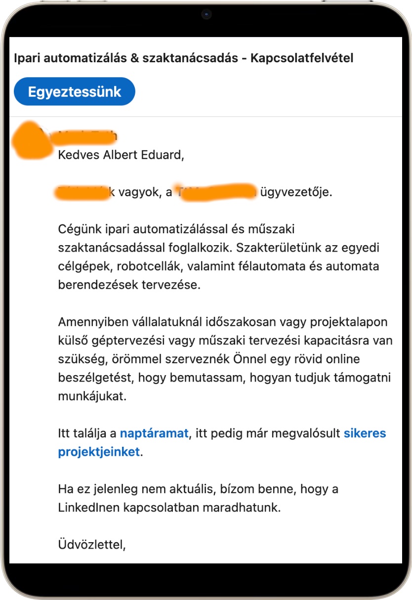 Egy valós LinkedIn-megkeresés: „Ipari automatizálás & szaktanácsadás – Kapcsolatfelvétel”